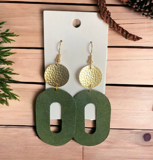 Gold Circle & Green Oval Faux Leather Earring